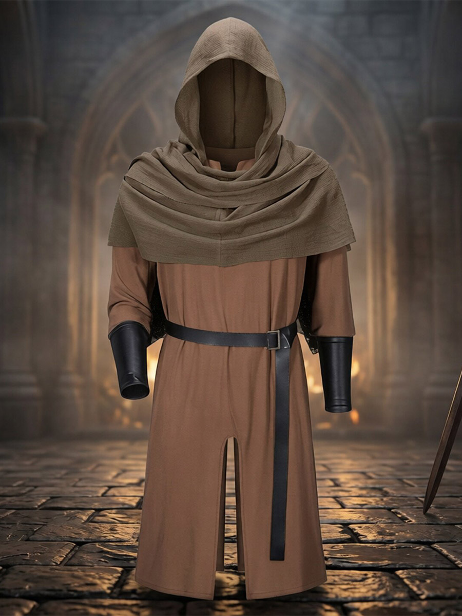 Robe de moine marron pour homme tunique médiévale de moine avec capuche costume de GN Renaissance avec ceinture