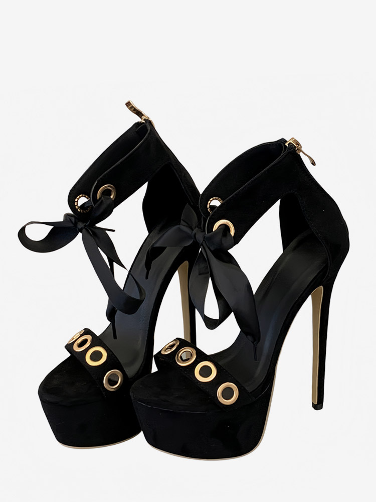 Black High Heel Sandals Women's Open Toe Cut Out Lace Up Sandal Shoes-image-1089860