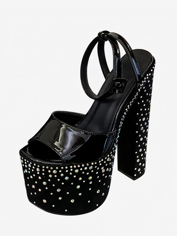 Black Sexy Sandals Platform Rhinestones Peep Toe Chunky Heel Sandal Shoes-image-1089862