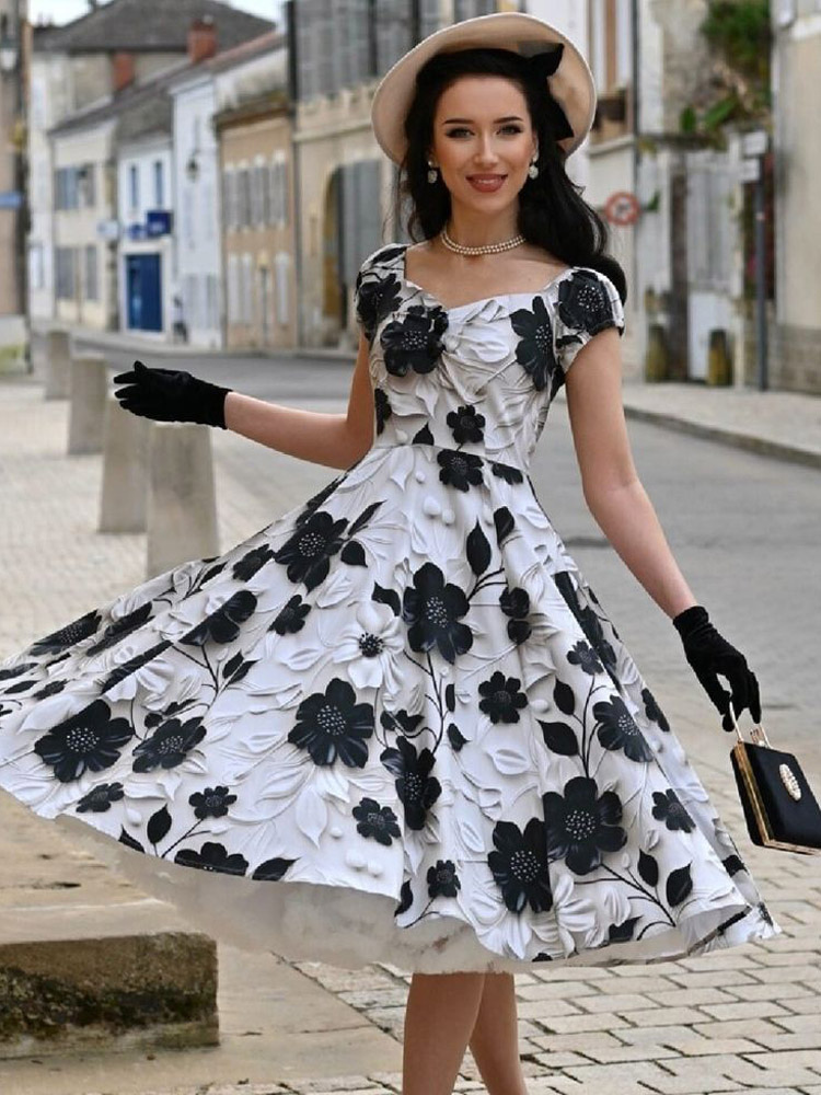 Vintage Floral Midi Dress Black And White A-Line Swing Dress Elegant Party Dress-image-1089814