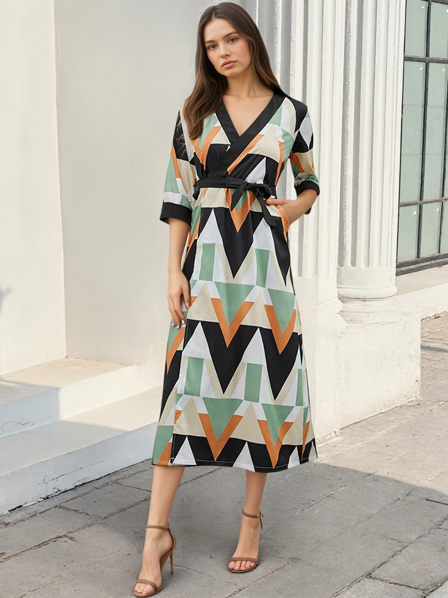 Vacation Dresses Geometric Print Midi Dress V Neck Wrap 3/4 Sleeve Waist Long Dress-image-1089818