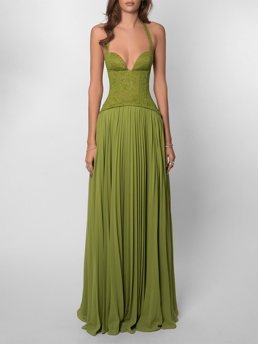Evening Dress Ball Gown Sweetheart Neck Lace With Train Pleated Formal Party Dresses-image-1089910