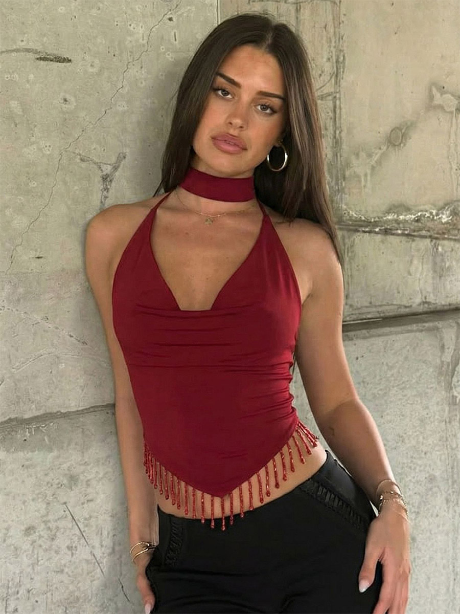 Burgundy Cami Top Straps Neck Fringe Open Shoulder Sexy Women Camis-image-1089914