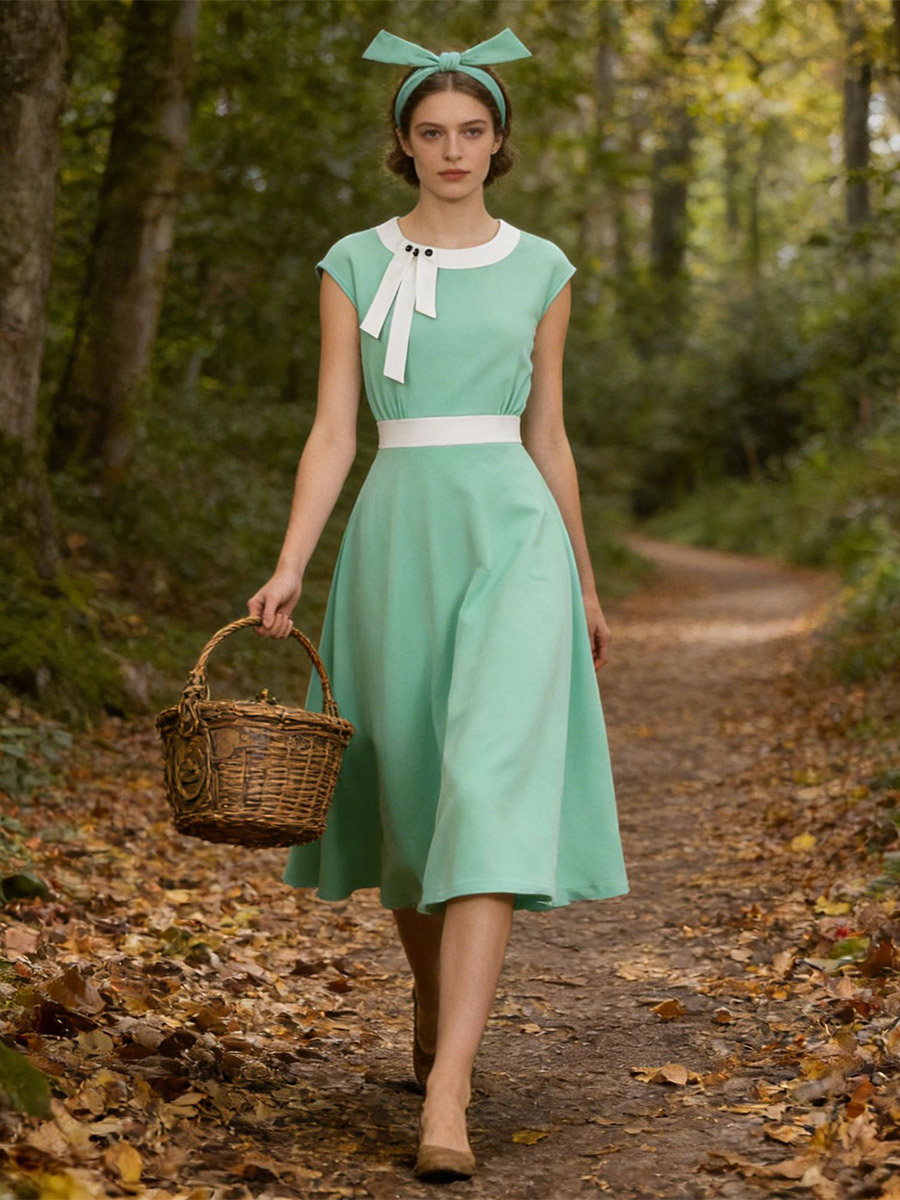 Vintage Swing Dress Women's 1950s Contrast Trim Bow Neck Tea Party Dress-image-1089902