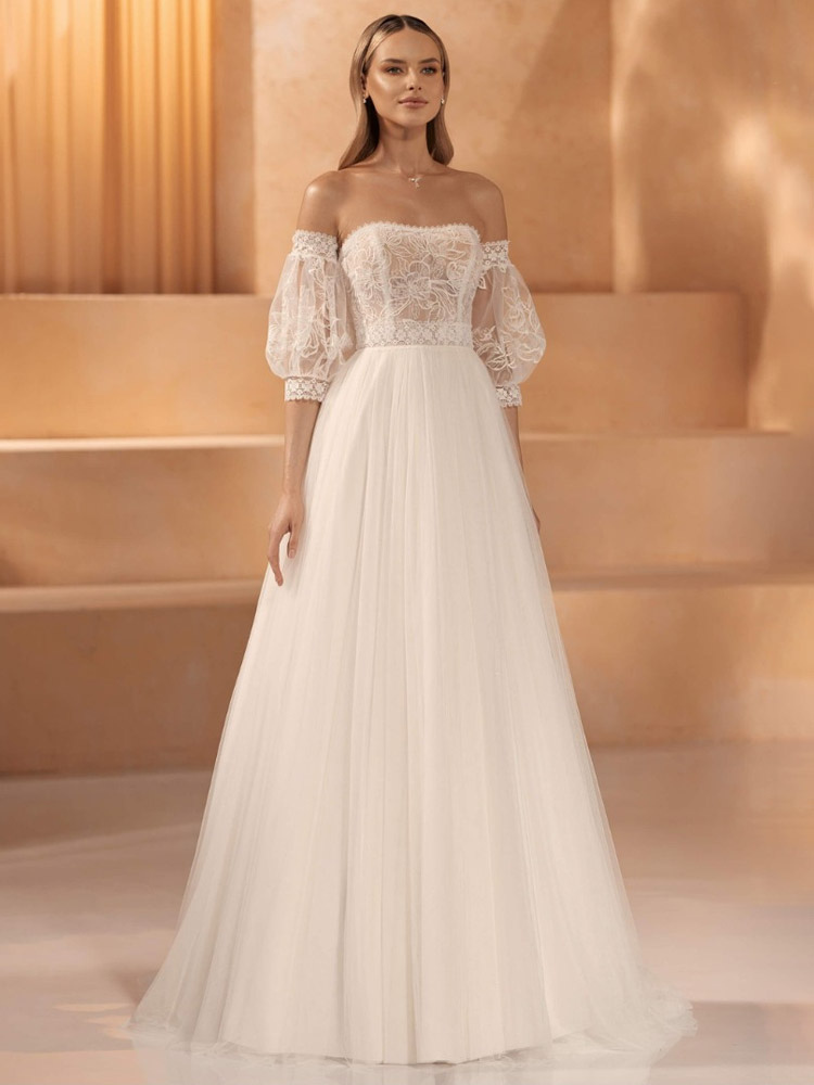 Vintage Wedding Dress Strapless Half Sleeves Natural Waist Lace With Train Lace Bridal Gowns-image-1089976