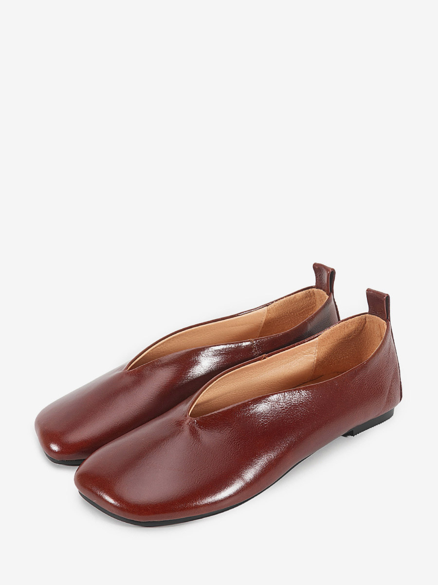 Ballerines pour femmes en cuir véritable bout carré chaussures à enfiler