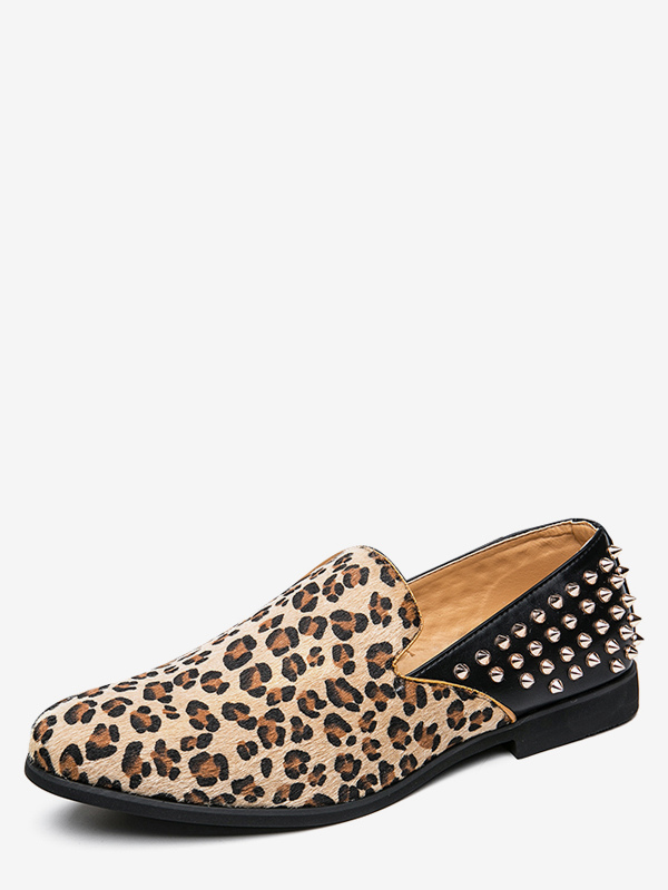 Mocassins homme léopard en daim à bout rond et rivets