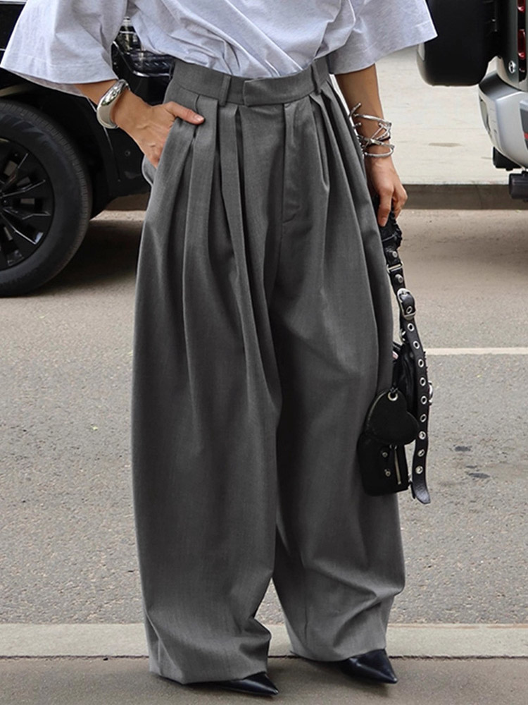 High Waist Pleated Drape Wide Leg Gray Suit Pants-image-1090242