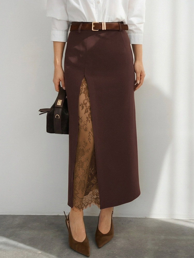 Lace Inner Front Slit High Waist Straight Midi Skirt-image-1090232
