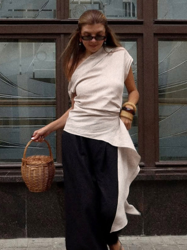 Women Asymmetric One Shoulder Sleeveless Top Side Ruched Draped Sash Blouse-image-1090226