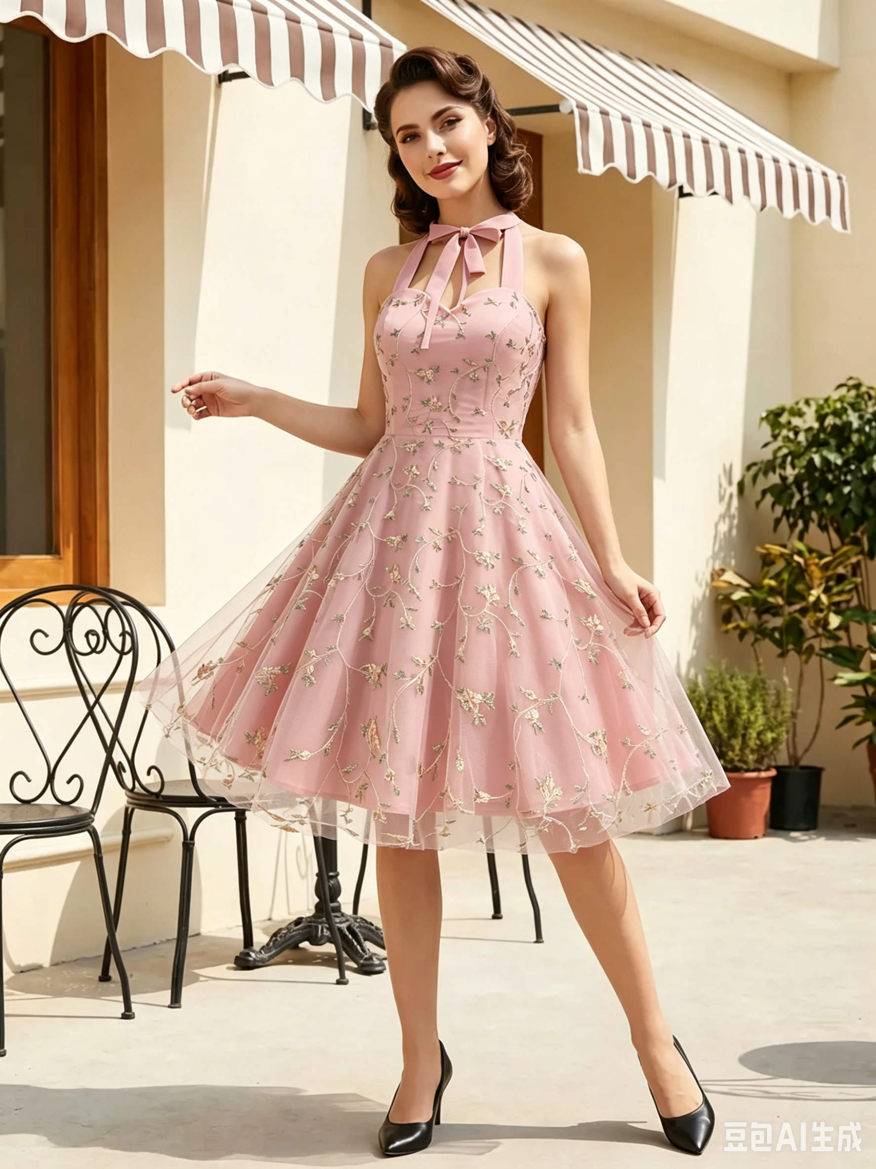 Vintage 1950s Floral Midi Dress For Women - Halter Neck Mesh Embroidery A-Line Sundress - Spring Garden Wedding Guest 2026-image-1085092