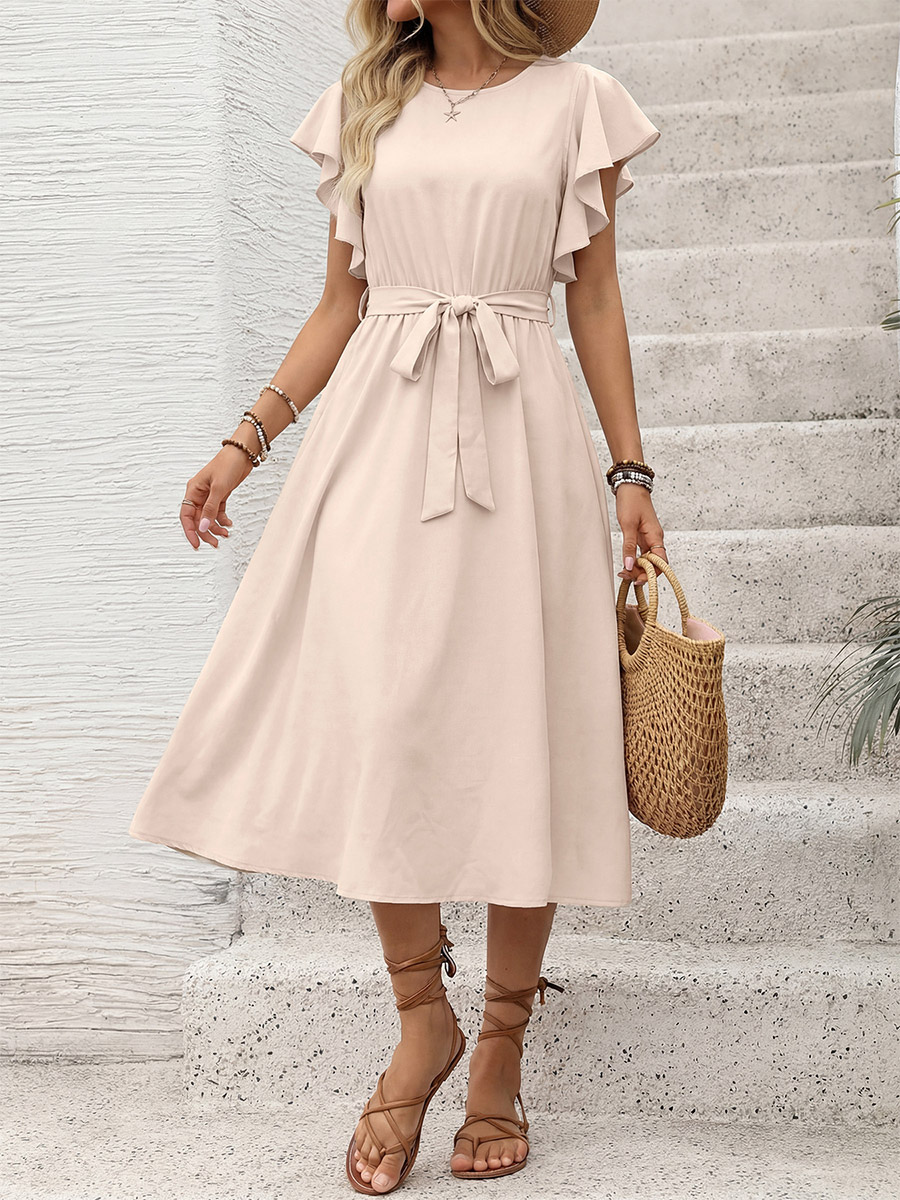 Vacation Dress Crew Neck Flutter Sleeve Flowy Summer Casual Midi Sundress-image-1090622