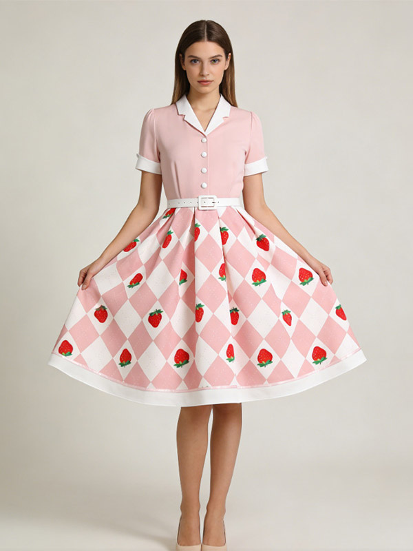 1950s Vintage Fruit Print Swing Dress Contrast Collar Puff Sleeve Belted Midi Dress-image-1090670