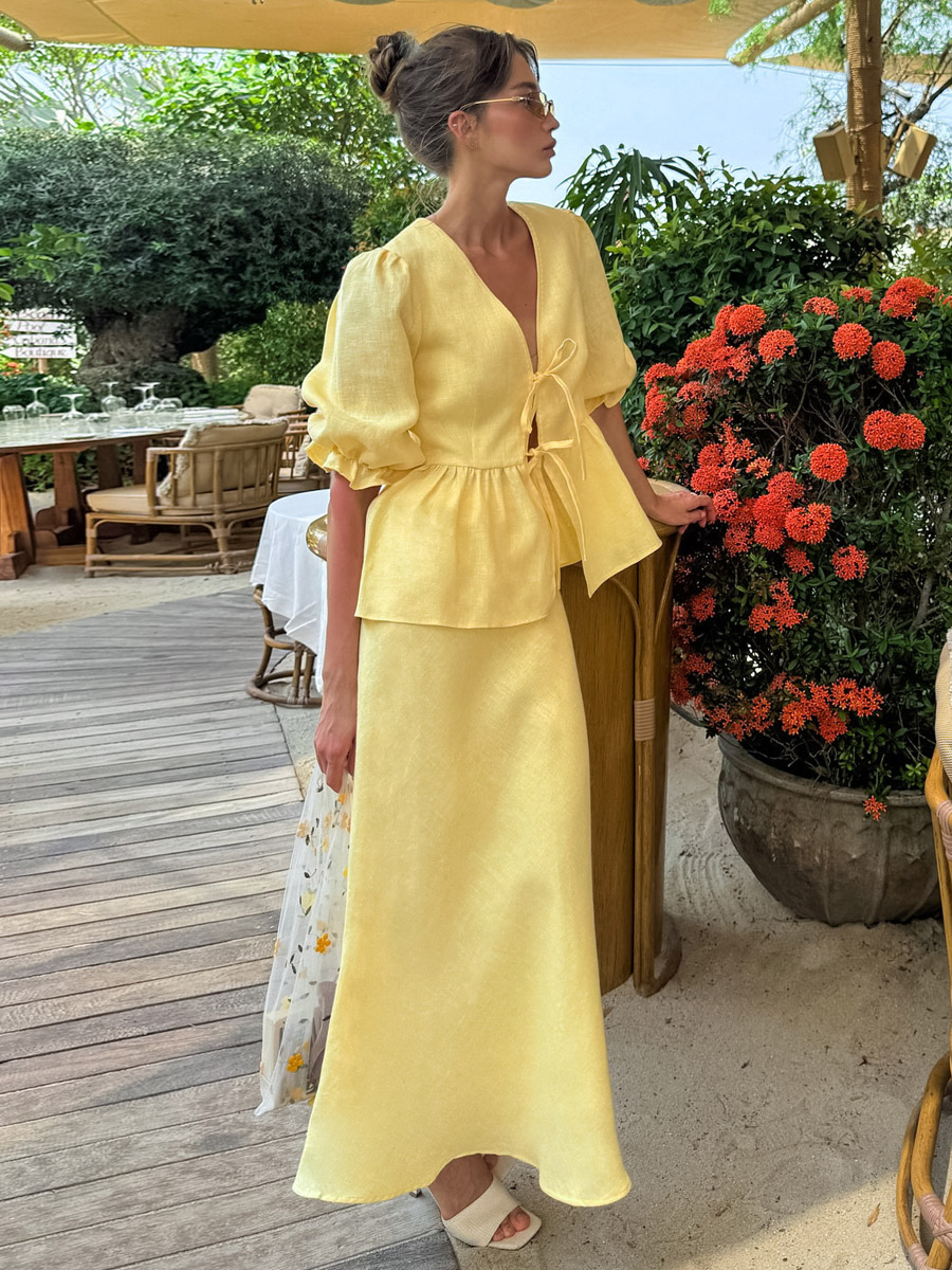 Women V Neck Front Tie Puff Sleeve Peplum Top Mermaid Maxi Skirt 2 Piece Set-image-1090636