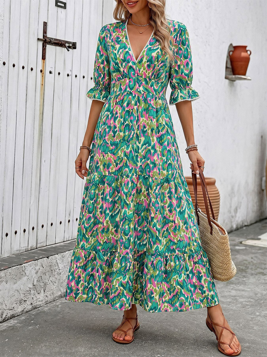 Vacation Maxi Dress Boho Green Abstract Print V Neck Frill Short Sleeve Elastic Waist Tiered Hem Flowy Dress-image-1090512