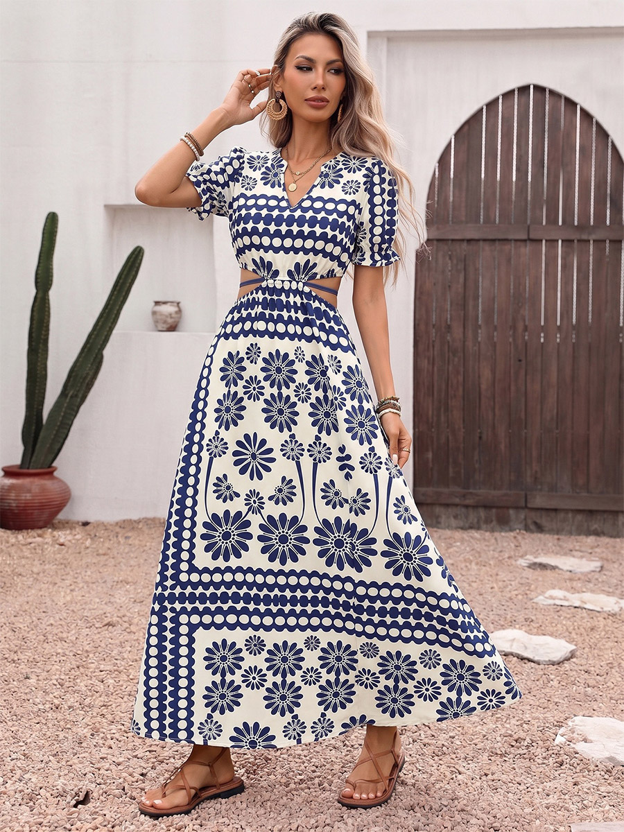 Vacation Dress Flowy Vintage Floral Maxi V Neck Puff Sleeve Summer Dress-image-1090518