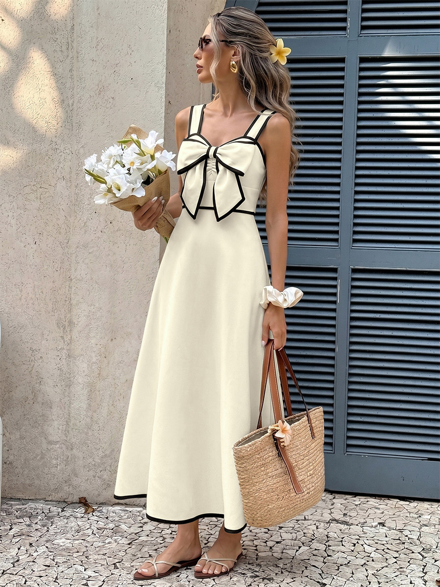 Vacation Dress Ivory Contrast Black Trim Cami Midi Straps Summer Dress-image-1090526