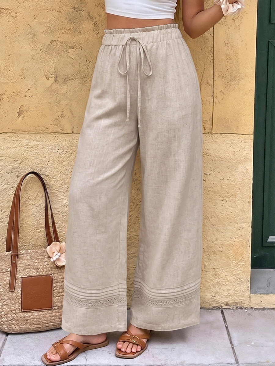 Women Linen Blend Drawstring Wide Leg Pants Lace Hem Elastic Waist Casual Trousers-image-1090582