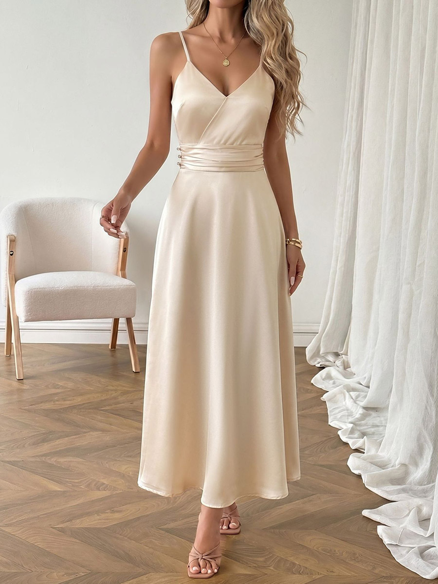 Date Night Dresses Champagne Satin Slip Spaghetti Straps Bridesmaid Evening Midi Dress-image-1090614
