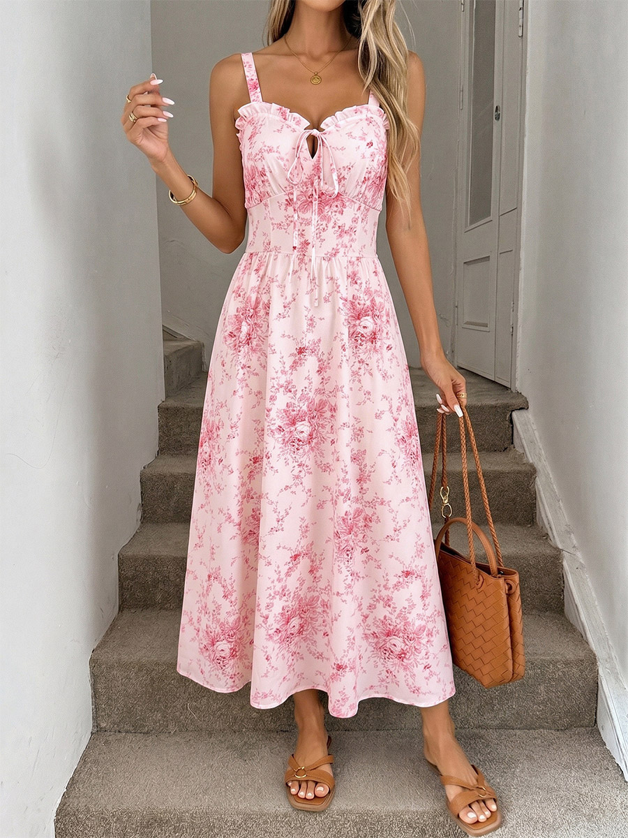 Vacation Sundress Pink Tiny Floral Print Spaghetti Strap Casual Flowy Midi Dress-image-1090606