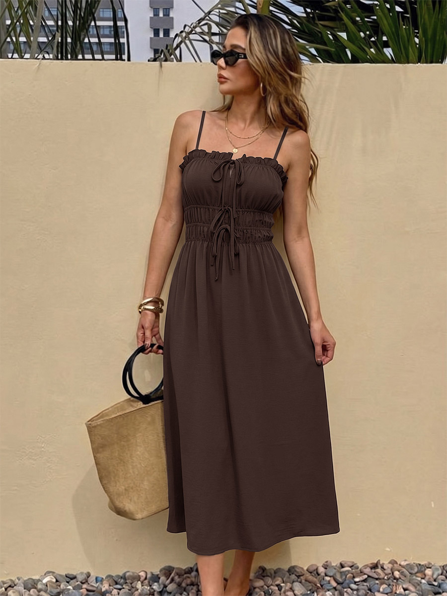 Vacation Dress Cami Ruffle Trim Square Neck Self Tie Elastic Waist Loose Casual Midi Dress-image-1090602