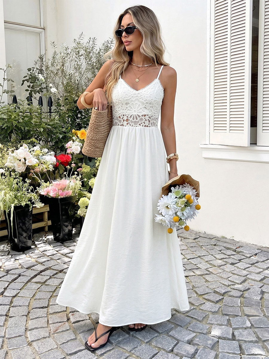Vacation Dress Boho White Lace Cami Maxi Hollow Waist Flowy Beach Long Sundress-image-1090746