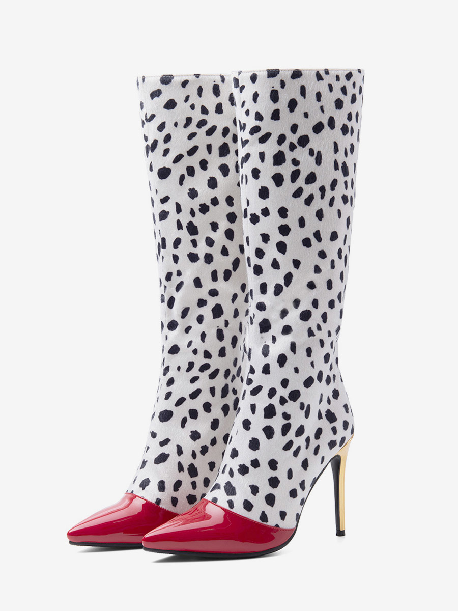Women's Knee High Boots Red Patchwork Polka Dot High Heel Boots-image-1090768