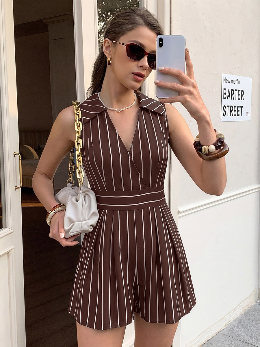 Chocolate White Vertical Stripe Sleeveless Romper Collared V-Neck Waist Band Back Bow Pleated Short Jumpsuit-image-1090772