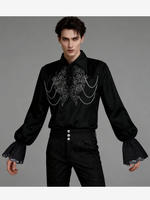 Chemise noire rétro médiévale vampire en velours brodé chemise punk à chaînes