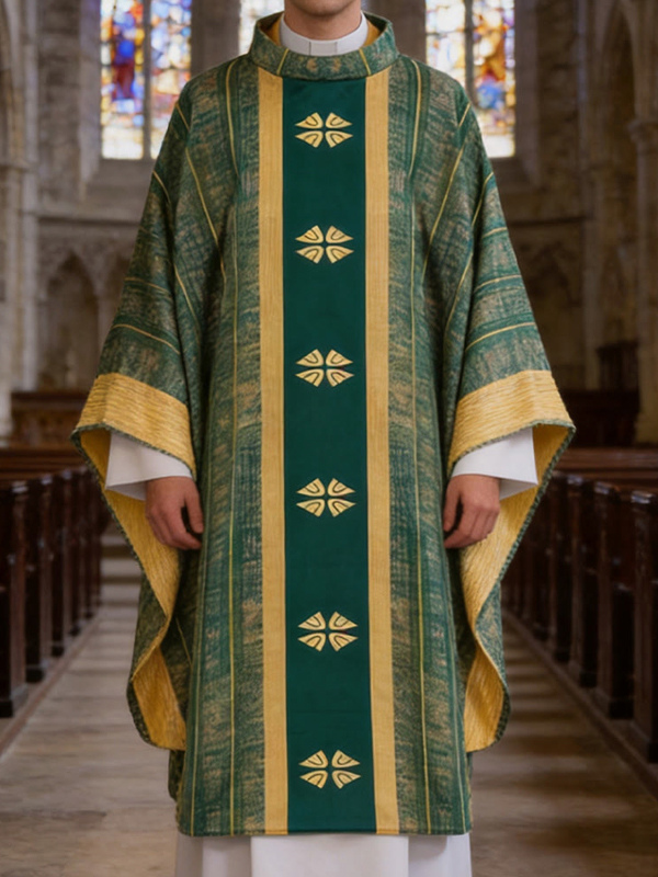 Chasuble de prêtre gothique verte avec croix brodée pour la messe style médiéval rétro vêtements liturgiques pour le clergé