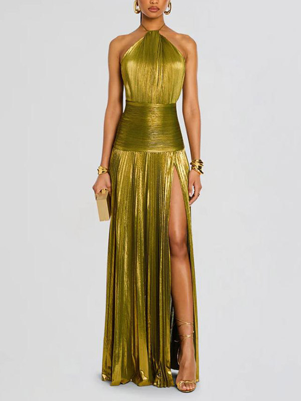 Party Dress Maxi Gold Sleeveless Backless Elegant Semi Formal Gown-image-1086396