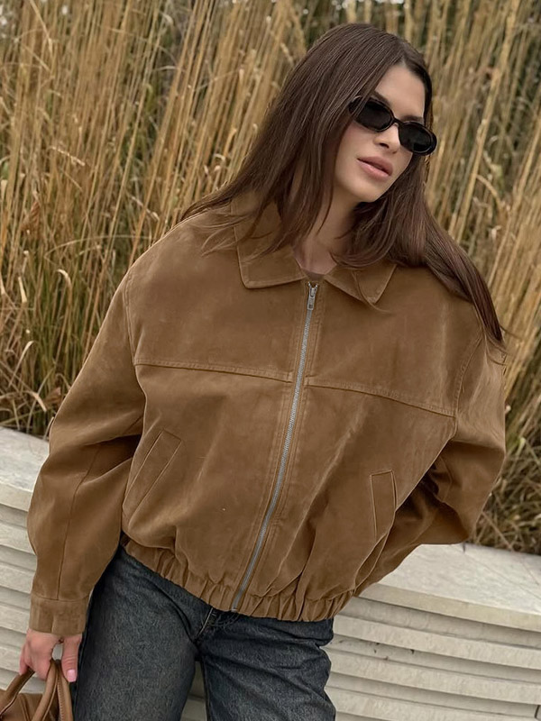 Women Vintage Suede Collar Zip Bomber Jacket Elastic Cuff Hem Cropped Coat-image-1090954