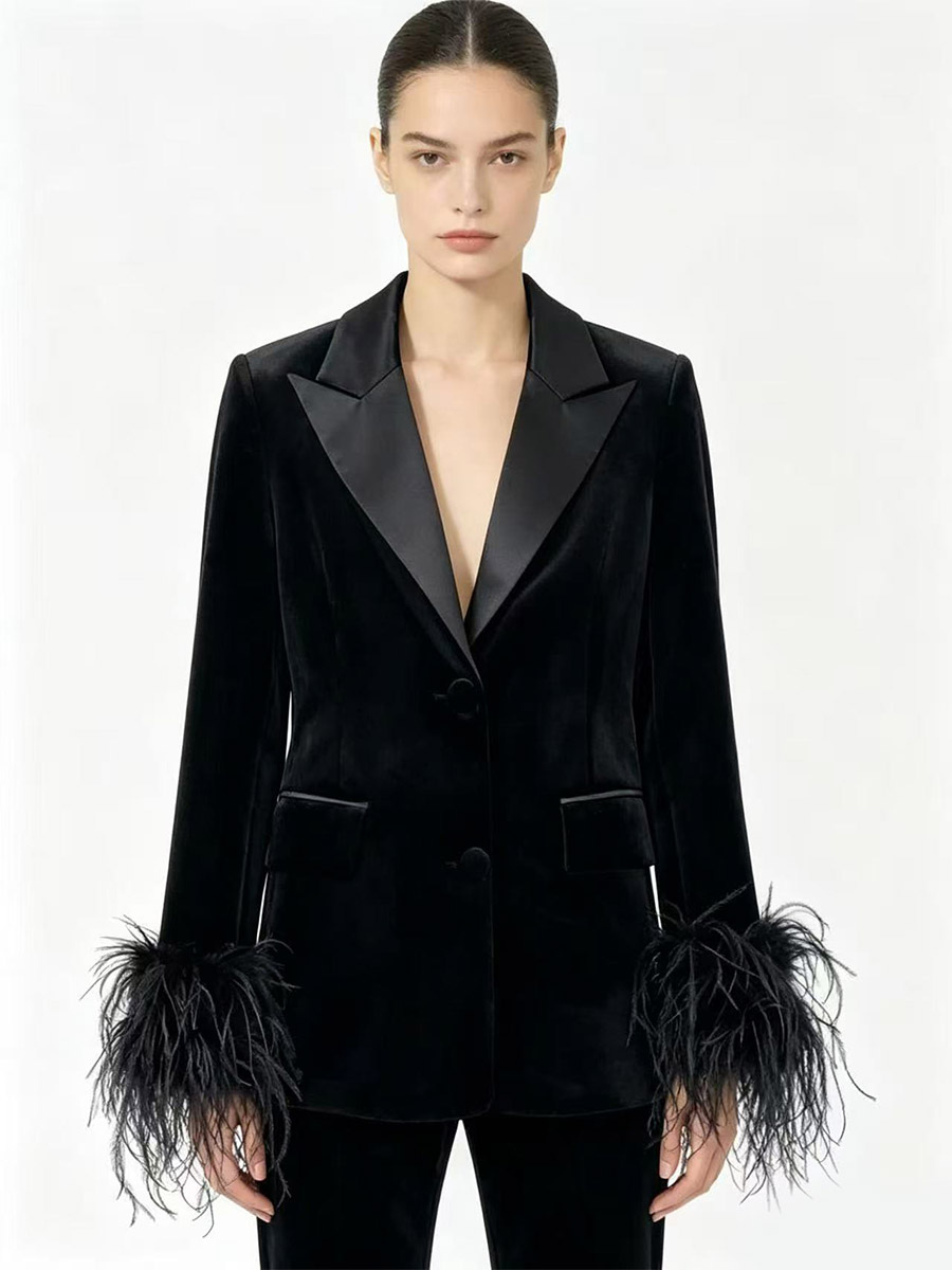 Women Satin Lapel Velvet Blazer With Feather Cuff Trim-image-1090918