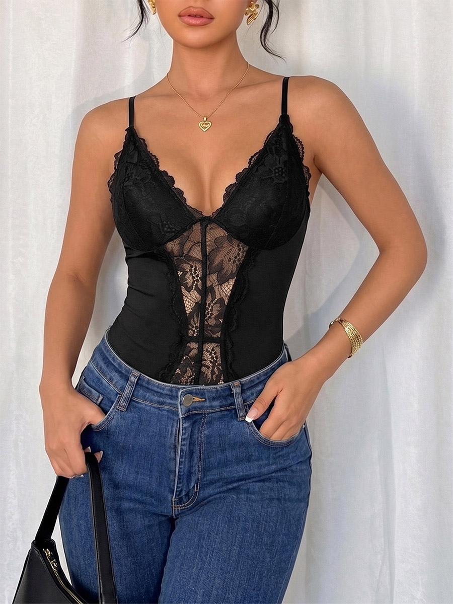 Sleeveless Bodysuit Black Cut Out Backless Straps Neck Sexy Top For Women-image-1090908