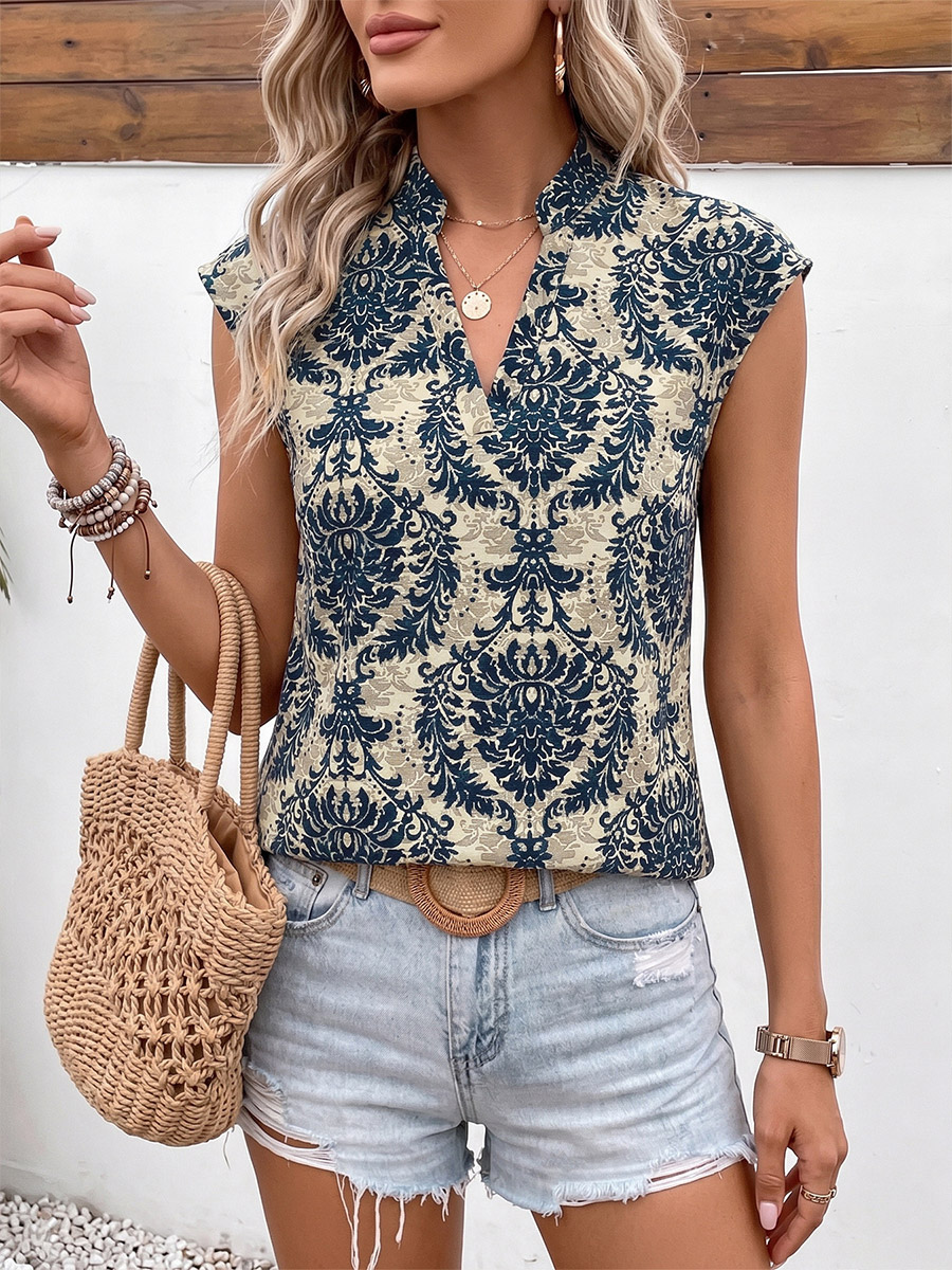 Blouse For Women Deep Blue Printed Stand Collar Chic Sleeveless Tops-image-1090900