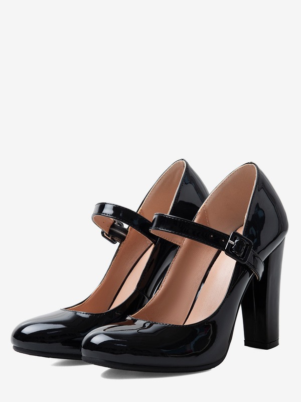 Black Mary Jane Shoes Round Toe Chunky Heel Pumps-image-1090992