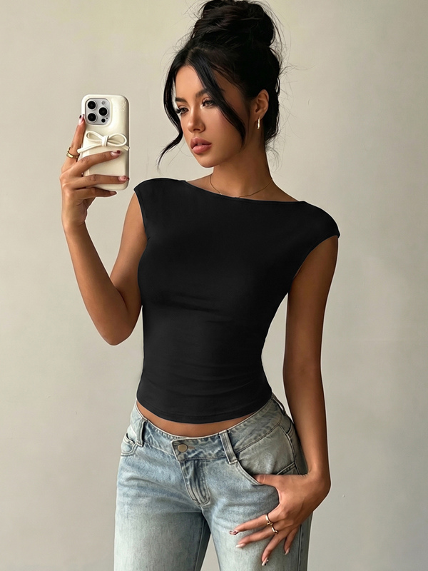 Sleeveless Tees Black Backless Lace Bateau Neck Women Tee Shirt-image-1091044