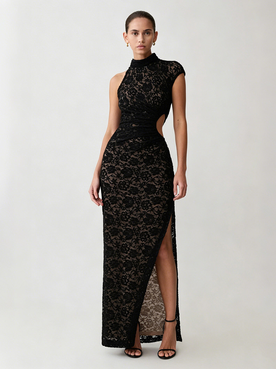Party Dress Maxi Black High Collar Lace Sleeveless Sexy Bodycon Semi Formal Dress-image-1091204
