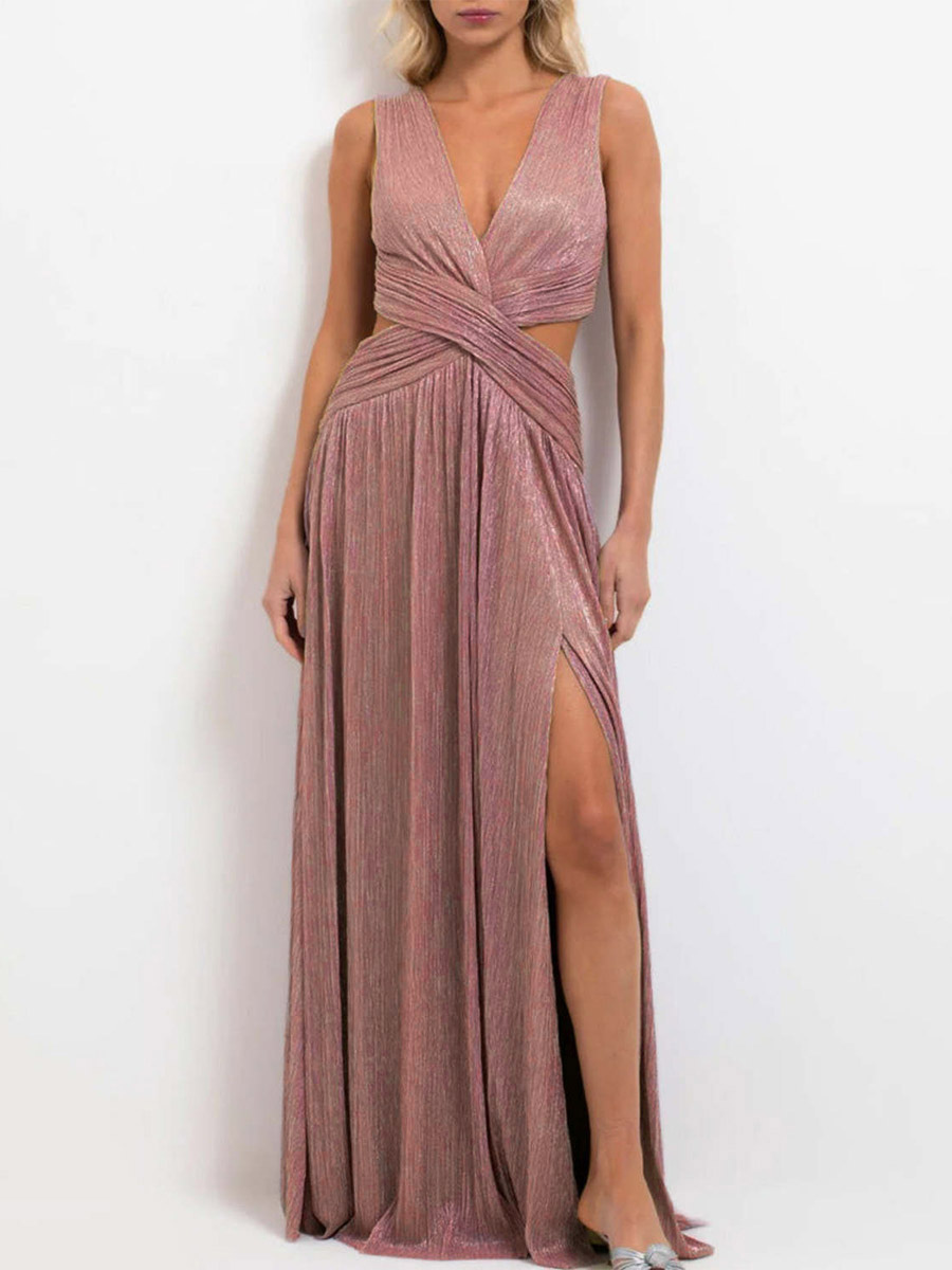 Vacation Dresses Sleeveless Deep V Cross Waist Cutout High Slit Shiny Pleated Maxi Gown-image-1091194