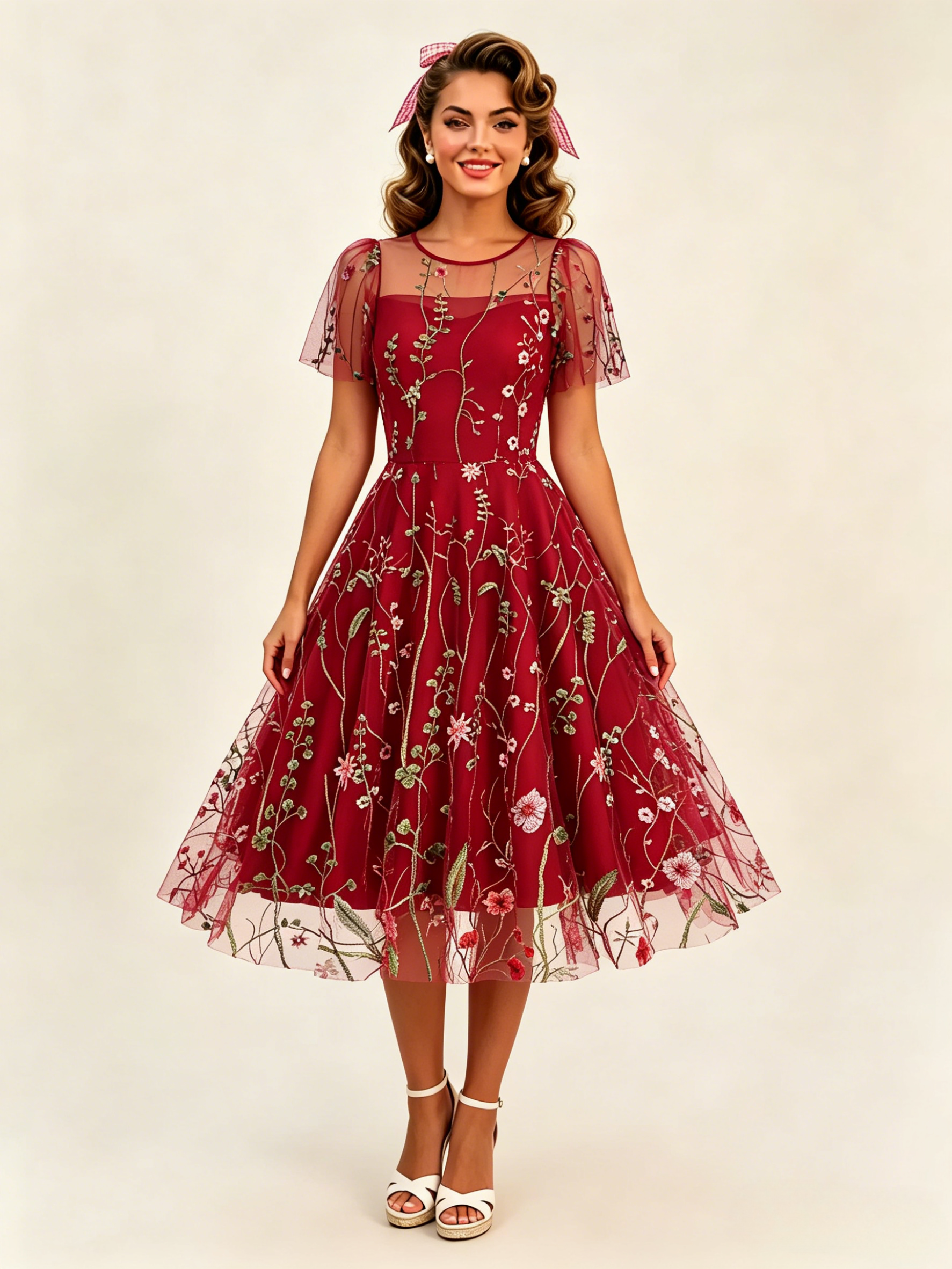 Vintage 1950s Floral Midi Dress For Women - Embroidery Mesh Short Flutter Sleeve A-Line Prom Dress - Summer Wedding Guest 2026-image-1085078