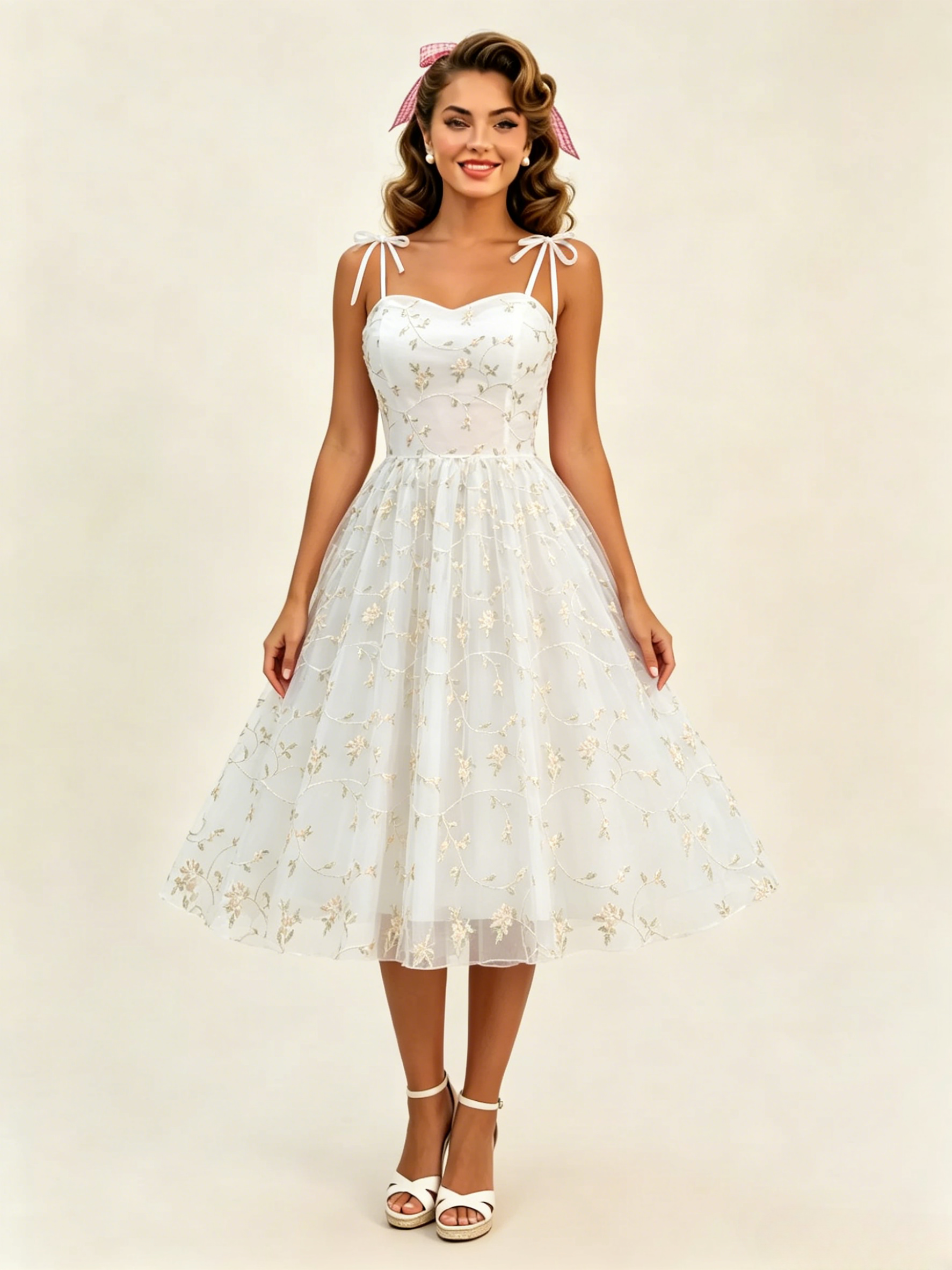 Vintage 1950s Floral Prom Dress For Women - Embroidery Mesh Tie-Shoulder A-Line Swing Midi Dress - Summer Cocktail 2026-image-1085082