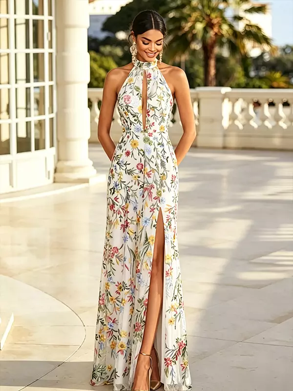 halter dress formal wedding guest OYOANGLE Women's Maxi Deep V Neck Sexy Dresses line dress with pleated bodice corset back Wedding Guest Dress Long Formal