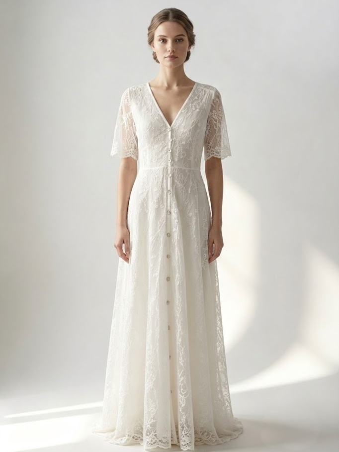 Maxi Lace Dress V Neck Short Sleeves White Summer Casual Boho Dresses-image-1091350