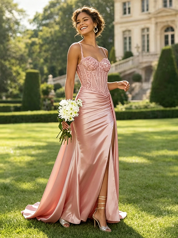 Robe de bal sirène en satin vert olive bretelles spaghetti corset transparent orné de perles fente haute longue robe de soirée