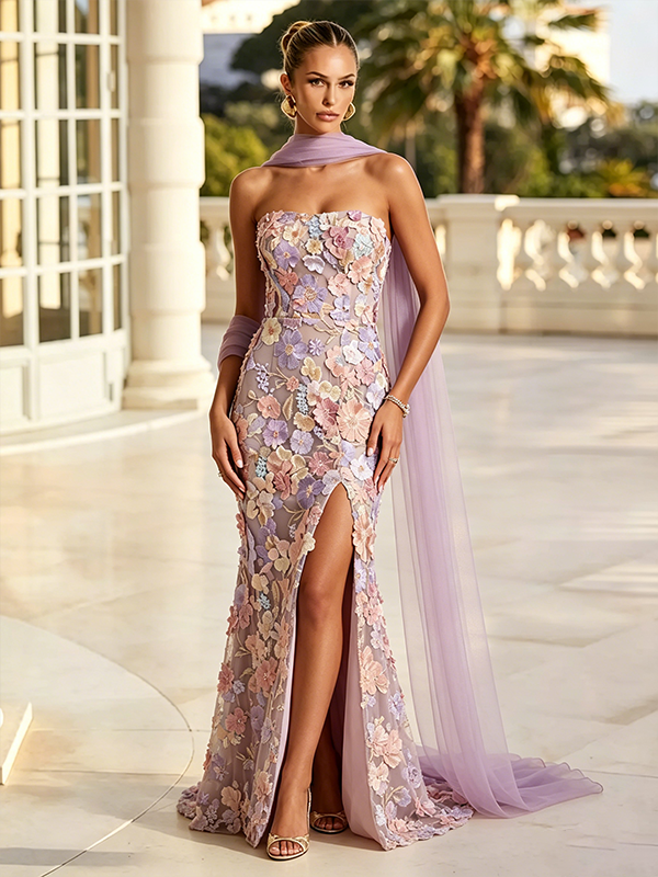Robe de soirée longue trapèze brodée de fleurs