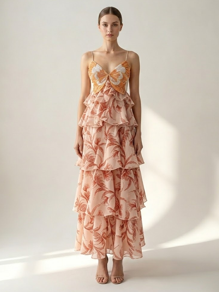 Robes de vacances maxi dos nu à volants sans manches col V chics orange et rouge