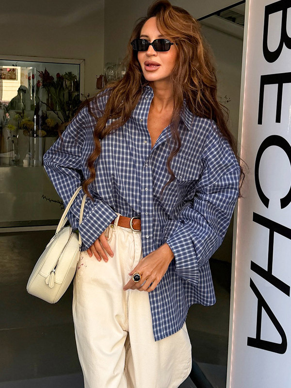 Vintage Blue Gingham Oversized Long Sleeve Button Down Shirt-image-1091520