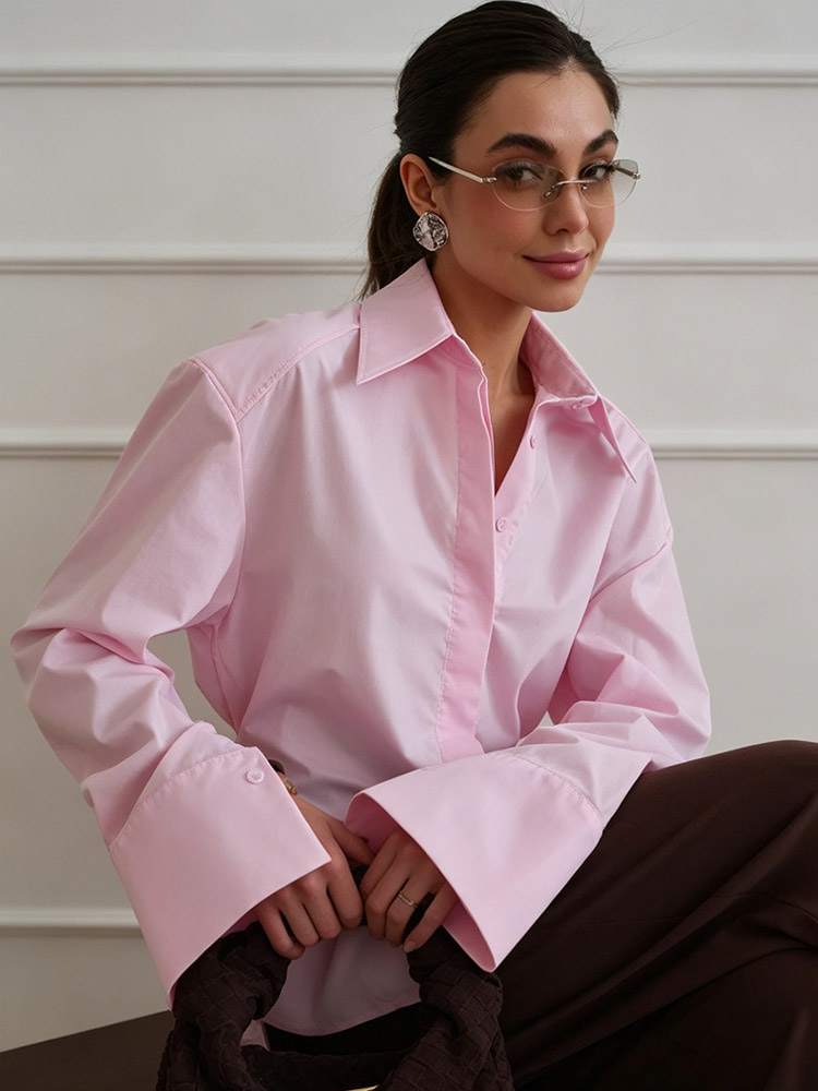 Oversized Point Collar Wide Cuff Long Sleeve Dress Shirt-image-1091500