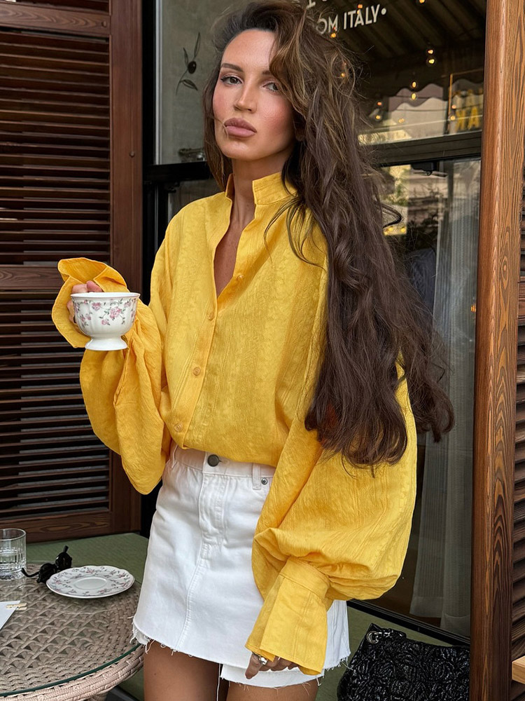 Textured Bubble Sleeve Stand Collar Oversized Button Down Shirt-image-1091498