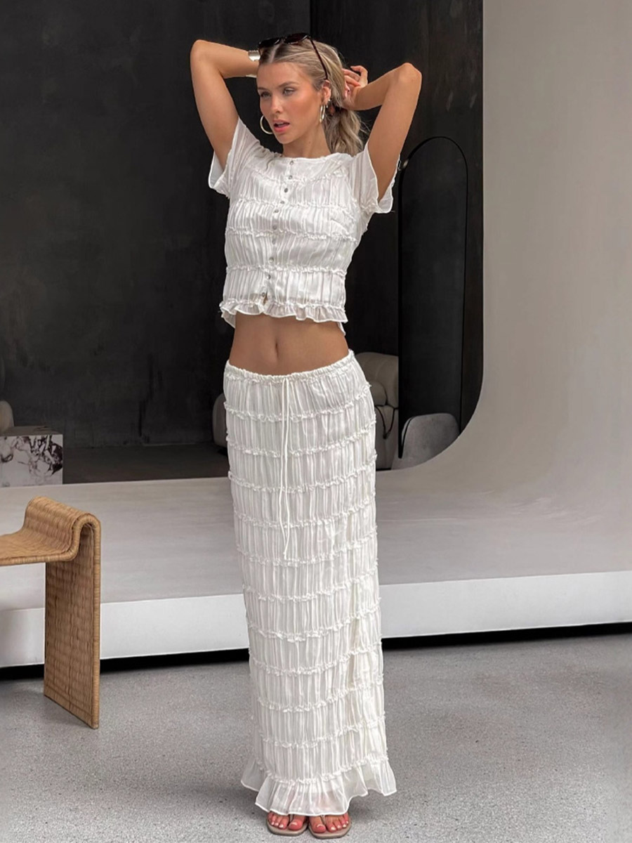 Ruffle Puff Sleeve Ruched Crop Top Mermaid Maxi Skirt Two Piece Set-image-1091432